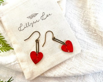 Red leather earrings // heart earrings // leather heart // love earrings // dangle heart earrings // anniversary earrings //love gift // red