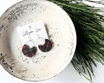 Plaid earrings // leather drop earrings // plaid holiday earrings // lightweight earrings // statement earrings // tartan plaid pattern