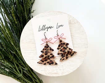 Modern holiday earrings // leather drop earrings // winter earrings // cheetah print // tree earrings // holiday tree // animal print