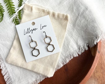 Minimalist earrings // geometric earrings // hexagon earrings // gold dangle earrings // bronze gold earrings // double hexagon earrings //