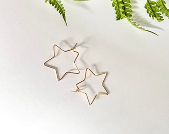 Gold modern earrings // gold star earrings // gold dangle earrings // star hoop earrings // gold star hoops // star earring // gold earrings