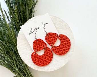 Red leather earrings // Red Cross earrings // red leather teardrop // modern earrings // red dangle earrings // lightweight earrings