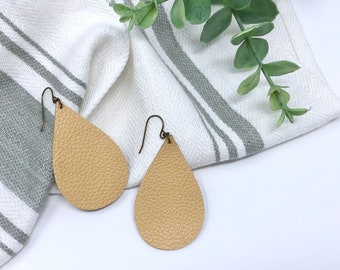 Mustard yellow tear drop earrings // leather teardrop earrings // mustard yellow earrings // lightweight earrings // statement earrings