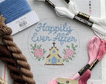 Happily ever after wedding needlepoint ornament - custom colors available| 13 mesh 4x4 inch round