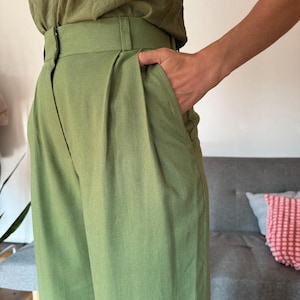 High Waist Linen Pants – Olive Green Wide Leg Trousers – Elegant Elastic Waist Pants for Women – 5A13 by Aleksandra Morgun