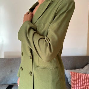 Linen Blazer for Women – Olive Green Double-Breasted Suit Jacket – Relaxed Fit Elegant Oversized Coat – 5A13 by Aleksandra Morgun