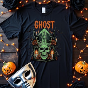 Ghost Merch Band Shirt Ghost Skull Bishop Tee Neon Gothic Graphic With Bats Roses