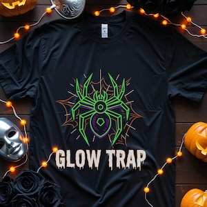 Spider Partial Shirt Neon &#39;glow Trap&#39; Spider Tee Bold Graphic Design, Horror Font, Electric Colors