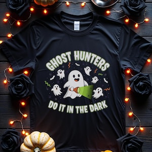 Ghost Hunter T Shirts Ghost Hunters Do It In The Dark T-shirt - Comic Style Neon Green Black Halloween Tee