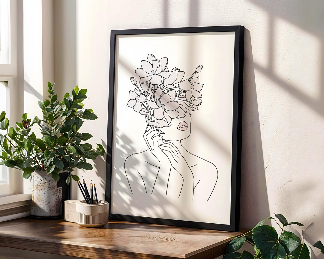 Modern Line Drawing, Line Art Women Print, Digital Wall Art, Floral ...
