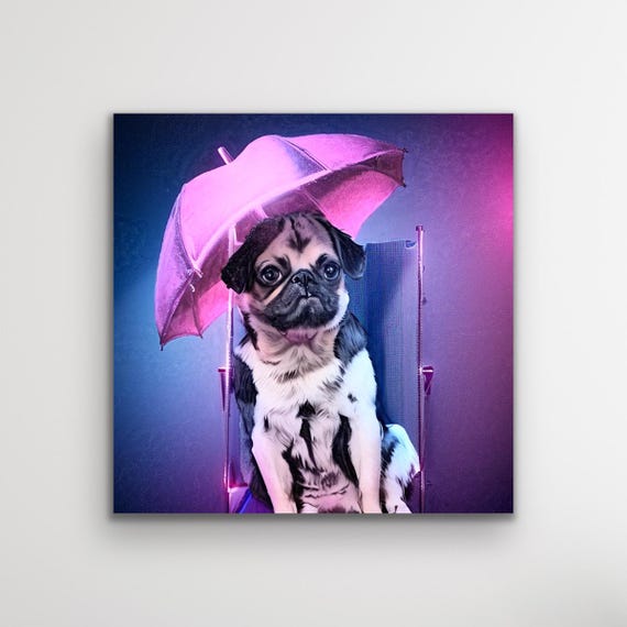 Puppy Pug Dog With Umbrella Nursery Art Original Painting This