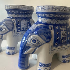 Vintage Blue & White Ceramic Elephant Garden Stool / Plant Stand – Chinese Style Pair