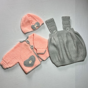 Handmade Baby Girl Cardigan Set, Knit Baby Peach Cardigan and Hat, Crochet Baby Dress Set, Newborn Girl Gray Dress, Baby Girl Shower Gift