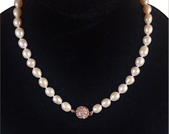 Single Strand Pearl Necklace with Crystal Ball Bead, 14k Gold Plated Magnetic Clasp