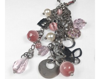Roze kristallen kwastketting, 925 sterlingzilveren ketting met parels en bedels
