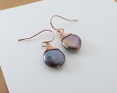 Midnight blue pearl earrings, nature jewelry, freeform, rose gold filled wire wrapped pearl drop earrings, dangle, small dark blue