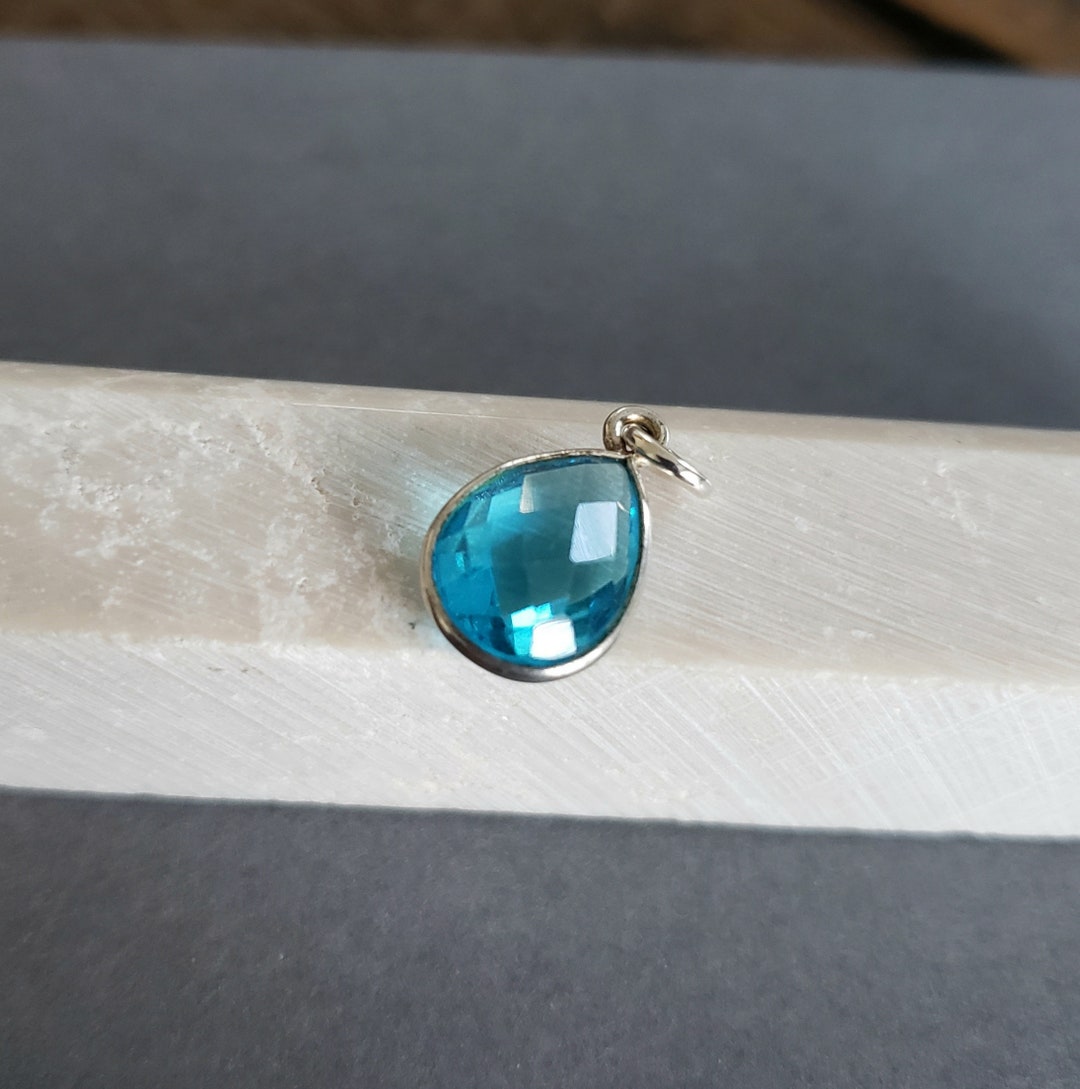 Capri Blue Quartz Bezel Charm, Just Dangle, Use for Necklace or Bracelet, Aqua Drop, Silver