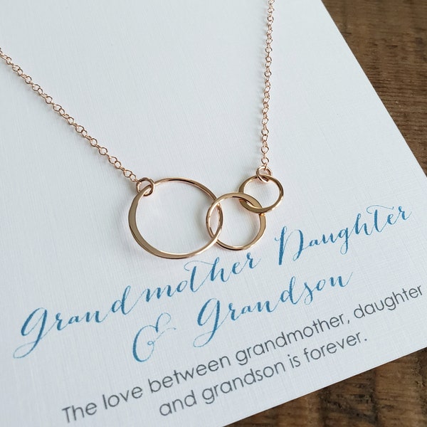 Rose gold three generations necklace, 3 ring charm, new grandma, daughter grandson gift, Indirect grandchild birth announcement gift