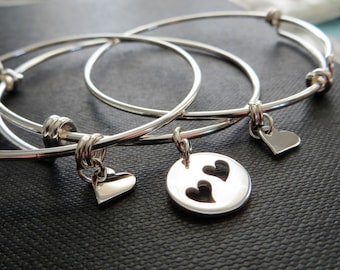 wife and daughters mother's day gift set, mother two daughter bracelet bangle, sterling silver heart cutout charm, Mother's day persent
