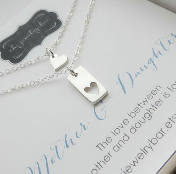 Mother daughter necklace two silver heart necklace mother daughter jewelry Valentine's Day gift for women rectangle bar necklace
