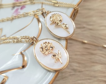 Mother of pearl birth flower necklace 18k gf chain birthday gift for her women Valentine's day gift January birthday boho