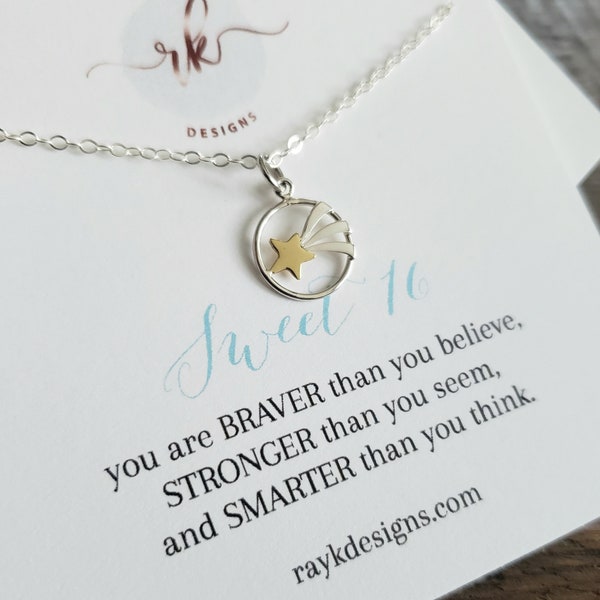 Sweet 16 gift, shooting star necklace, sterling silver, 16 year old daughter sixteenth birthday present, mixed metal celestial jewelry