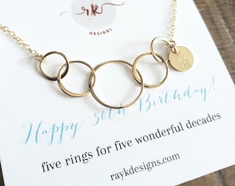 50th birthday gift for women initial 5 ring necklace 50th birthday 50 year old aunt personalized 50th birthday friend gift five decades