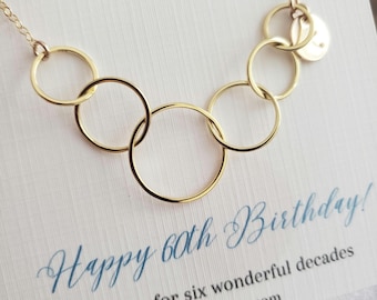 60th birthday gift for women gold six ring necklace with initial tag milestone birthday jewelry gift 6 decades necklace