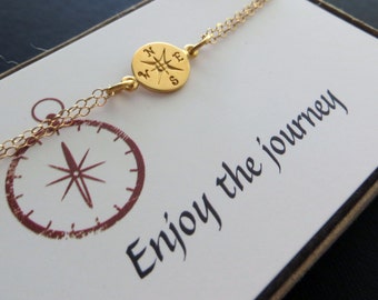 Gold Compass bracelet, graduation gift, enjoy the journey, gift for graduate student, compass charm, friendship, college graduation, new job