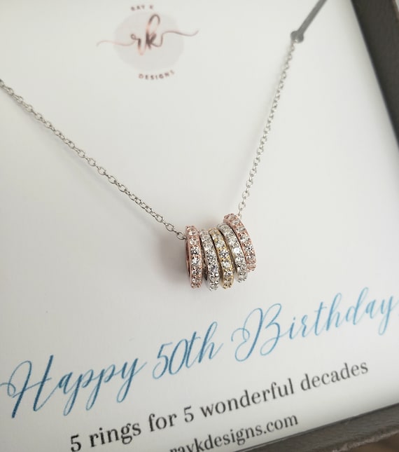 50th Birthday Gift for Women, 5 Rhinestone Eternity Ring Necklace,  Milestone Birthday 50 Years Old Women Birthday Gift, 5 Decades Necklace -  Etsy