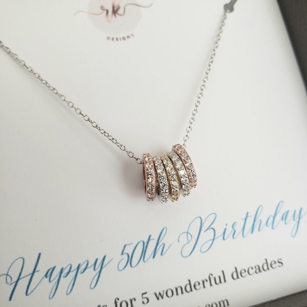 50th birthday gift for women, 5 rhinestone eternity ring necklace, milestone birthday 50 years old women birthday gift, 5 decades necklace