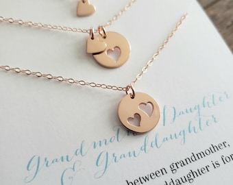 Mothers day gift for grandma, Generations of women rose gold necklace set of 3, grandmother mother daughter heart cutout charm, granny nana