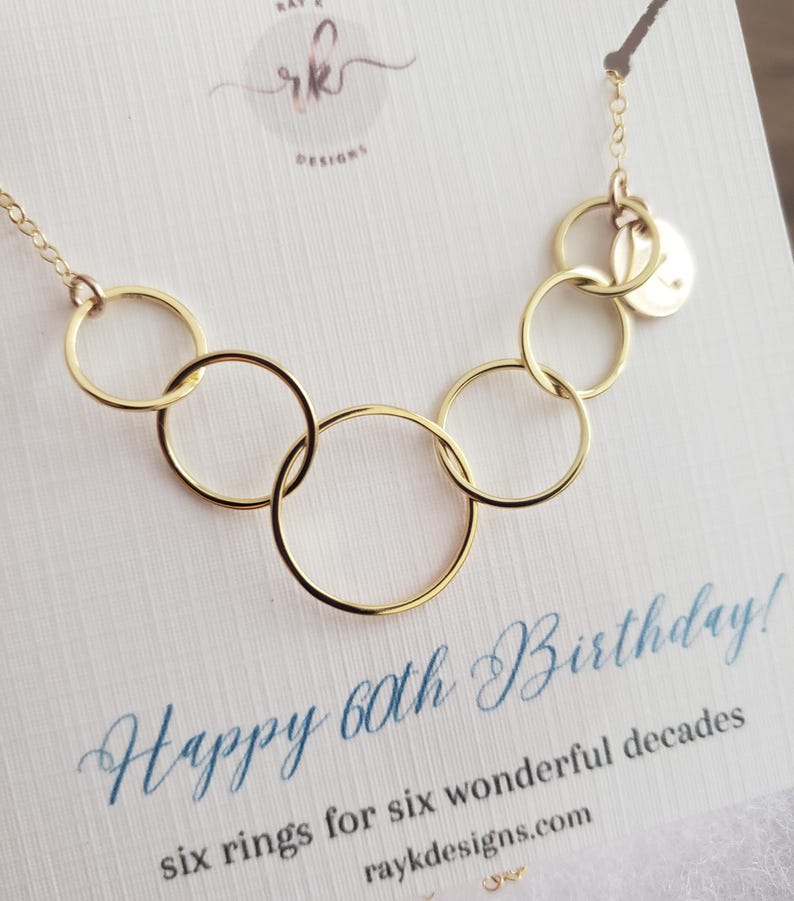 Gold necklace with six interlocking circles 60th birthday gift