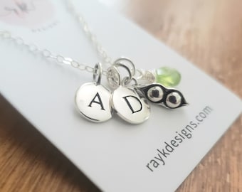 twin Mom gift, two peas in a pod necklace, initial birthstone charm, twin baby shower gifts, personalized mother jewelry, twin boys girls