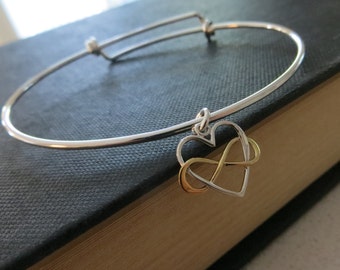 Gift for daughter on wedding day, infinity heart bangle bracelet, gift for bride, expandable, mixed metal, gold and silver, from mom and dad