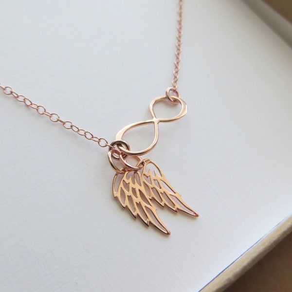 Twins miscarriage necklace, Rose gold Infinity Two angel wing necklace, memorial, grief, sympathy gift, baby loss, loved ones remembrance