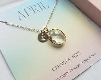 April birthstone necklace set, rock crystal quartz bezel pendant with initial tag, personalized birthday gift, oval charm, birthstone card