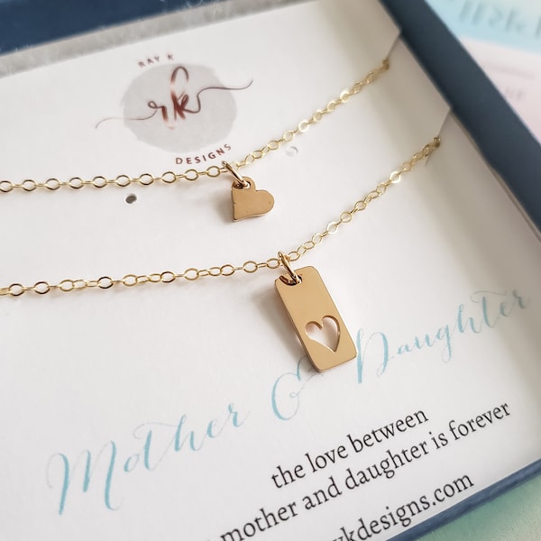 Mother daughter necklace, gold heart cutout necklace, mother daughter mothers day gift set, mommy and me necklace, gift for birthday