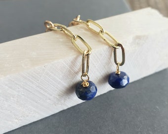 Paper clip chain lapis lazuli earrings, blue lapis rondelle earrings, 14k gold filled, chic paper clip