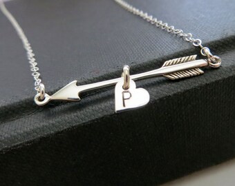 arrow & heart initial necklace, Valentines Day gift for her, personalized couple jewelry, hand stamped, girlfriend, sterling silver