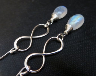 Infinity earrings with rainbow moonstone, customize gmestone, sterling silver, figure eight, nymetals