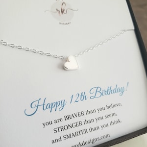 12th birthday girl gifts, small heart bead necklac, silver rose gold charm, happy twelfth birthday gift, 12 year teenage custom card