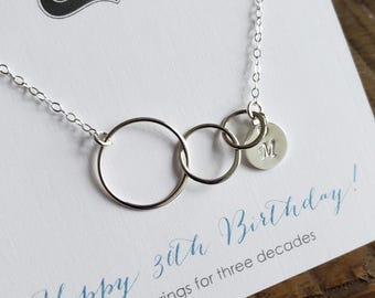 30th birthday gift for her initial & three ring necklace thirtieth 30 year old women gift 3 decades milestone necklace keepsake jewelry