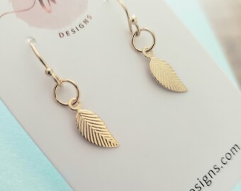 Gift for her, Teeny tiny gold leaf earrings, leaf earrings, small size dangle earring, zen jewelry, 14k gold fill nature jewelry