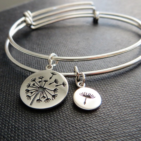 Gift for mom from daughter, dandelion bangle bracelet, mother daughter matching set jewelry, sterling silver, mothers day gift from daughter