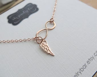 Rose gold Infinity angel wing necklace, miscarriage necklace, protection, love friendship, loss of loved ones, memorial gift grief Christmas