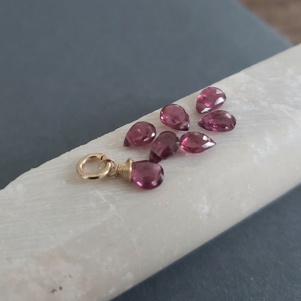 Teeny tiny pink tourmaline briolette charm, just dangle, deep fuchsia genuine gemstone, October birthday gift for her, birthstone