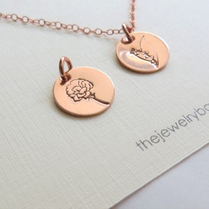 Birthday gift for women, birth flower necklace, hand drawn birth month floral stamped charm, mom, sister, friend birthday jewelry, bday gift