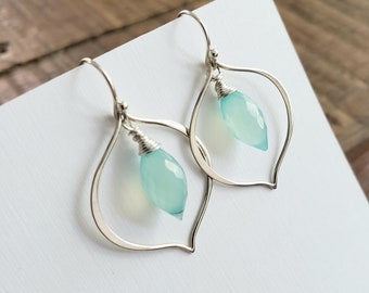 Lotus hoop earrings, aqua blue chalcedony earrings, gift for her, women, geometric shaped earrings