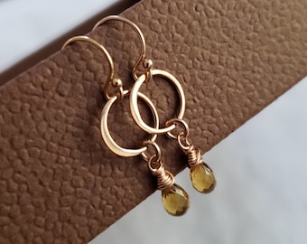 Citrine hoop earrings, small dangle citrine gemstone earrings, november birthday gift for her, November birthstone jewelry